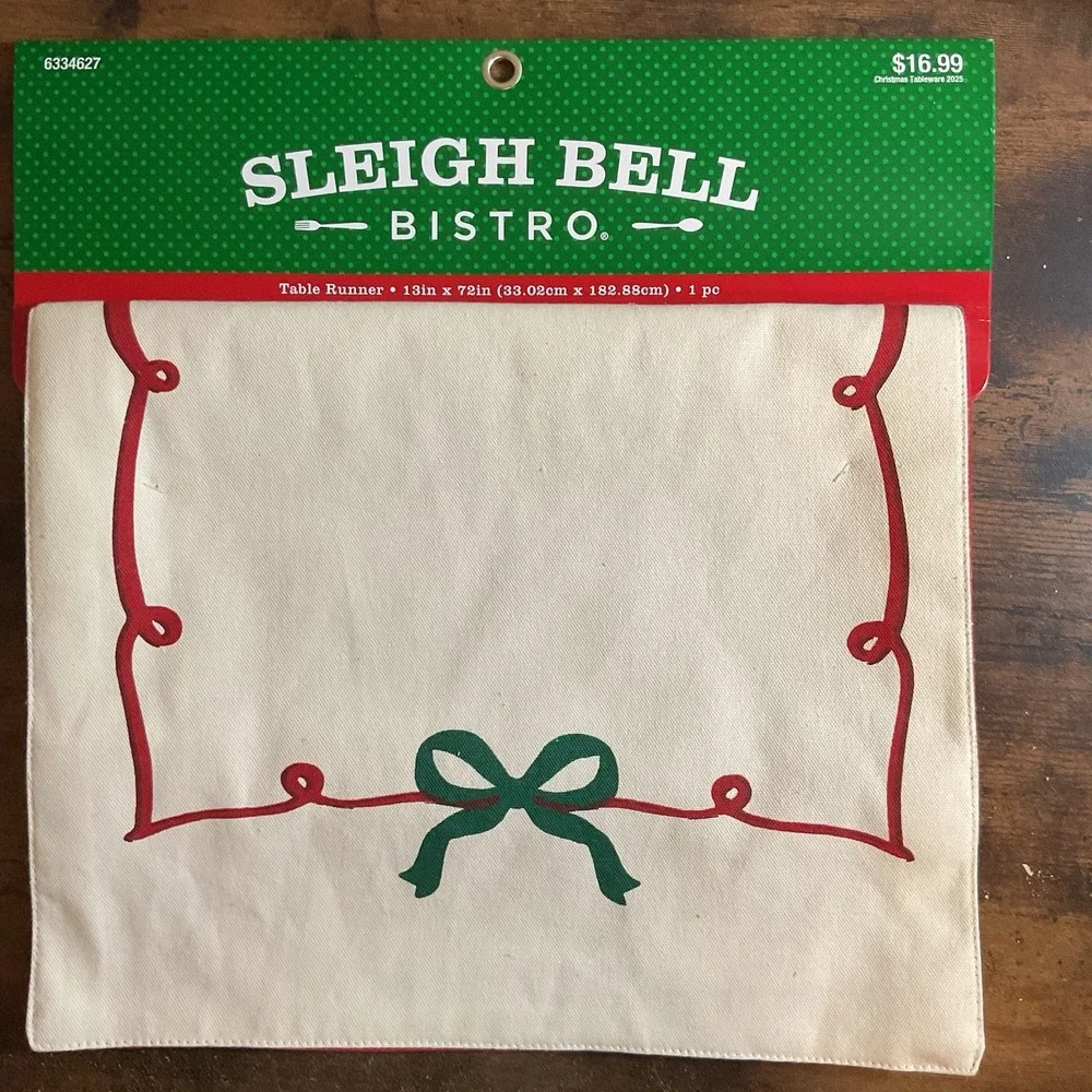 New Table Runner Sleighbell Bistro (13in X‎ 72in) Off White Red Green Bow